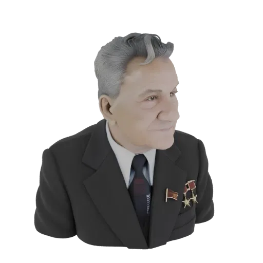 3D-модель бюста советского военачальника в костюме и с медалями, вид сбоку.