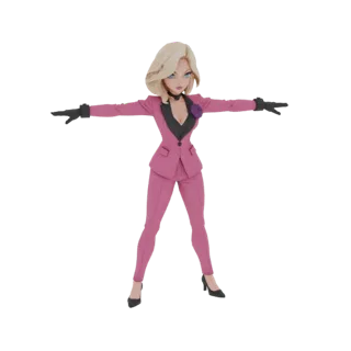 3D model of a woman with blonde hair wearing a pink suit and black gloves, standing in a T-pose against a white background.