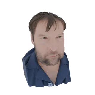 Рендер 3D модели мужчины с короткими каштановыми волосами и бородой, одетого в синюю рубашку с воротником.