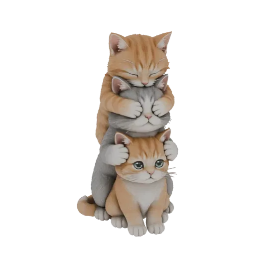 3D модель трех котят стопкой, верхний с закрытыми глазами, средний прикрывает уши, нижний прикрывает рот, в позе "не вижу, не