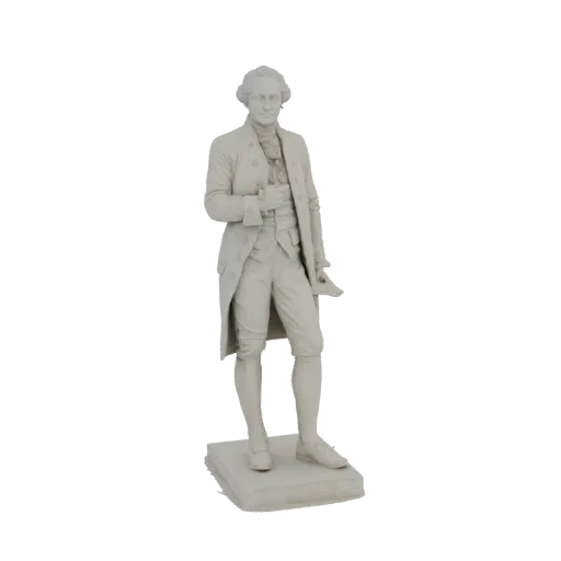 3D модель статуи Томаса Джефферсона, изображенная в светлом камне, на квадратном основании.