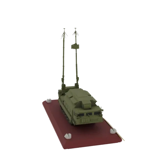 3D модель зеленого БТР-80 на красной подставке с двумя высокими антеннами.