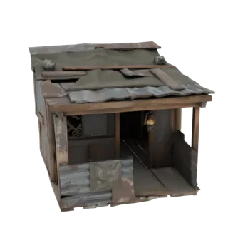 3D модель маленького ветхого домика с обветшалым деревянным экстерьером, заплатами из гофрированного металла и подвесным фона