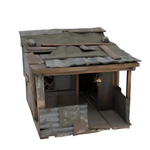 3D модель маленького ветхого домика с обветшалым деревянным экстерьером, заплатами из гофрированного металла и подвесным фона