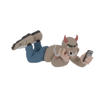 3D модель мультяшного дьявола, лежащего, курящего сигарету и держащего смартфон с надписью 'FTP'.