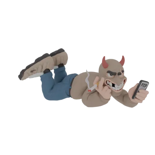 3D модель мультяшного дьявола, лежащего, курящего сигарету и держащего смартфон с надписью 'FTP'.