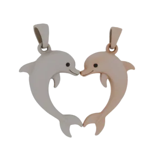 3D модель двух дельфинов, образующих сердце, один белый, другой розовый, с петлями для кулонов.