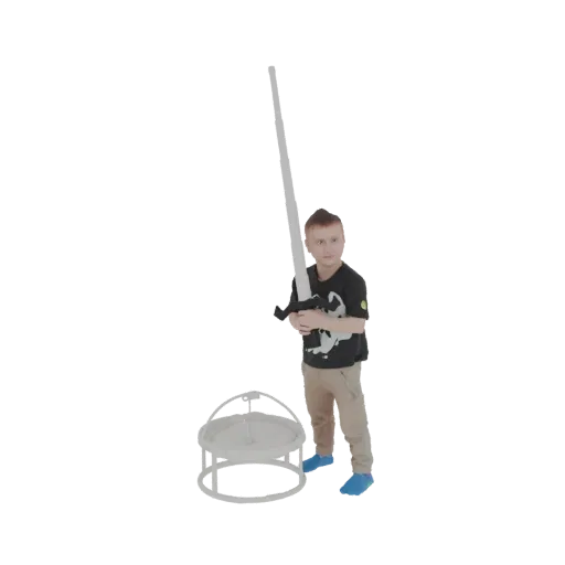 3D модель мальчика с большим мечом рядом с ходунками.