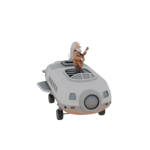 3D модель дедушки с гитарой, сидящего в кабине футуристического космического корабля, на белом фоне.