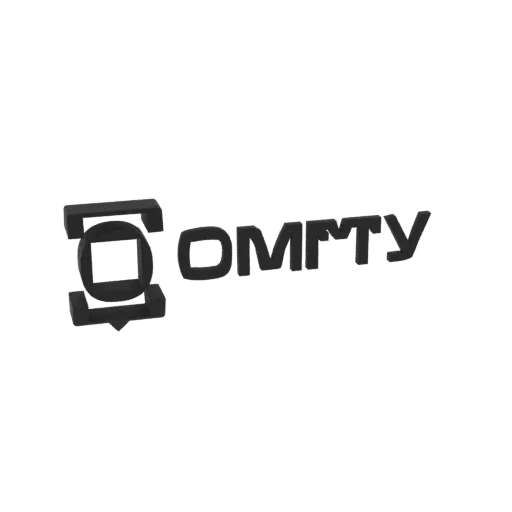3D модель логотипа OMTY с геометрическим знаком и жирным рельефным текстом в темном матовом исполнении.