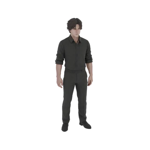 3D модель мужчины в темном костюме, стоящего с руками по бокам, на белом фоне.