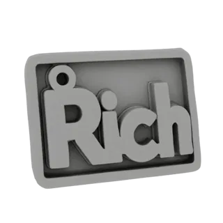 3D рендер серой прямоугольной таблички со словом 'Rich', выполненным жирным шрифтом, с небольшой петлёй для подвешивания.