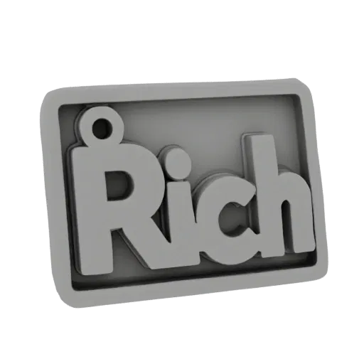 3D рендер серой прямоугольной таблички со словом 'Rich', выполненным жирным шрифтом, с небольшой петлёй для подвешивания.