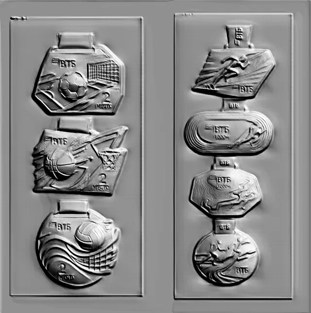 3D модель барельефа с набором спортивных медалей: футбол, баскетбол, волейбол, легкая атлетика.