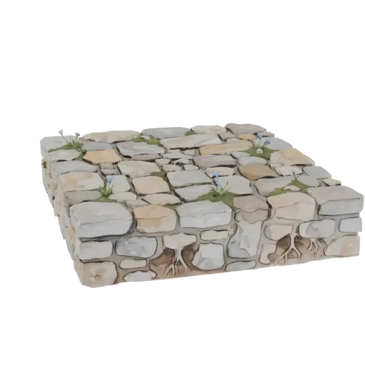 3D модель состаренной каменной стены с зеленой травой и мелкими синими цветами, растущими между камнями, с видимыми корнями у