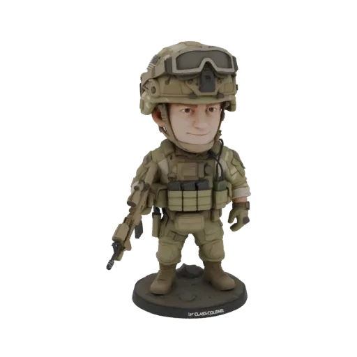 3D модель солдата в современном стиле, кивающая голова, в тактическом снаряжении с винтовкой, стоящий на подставке.