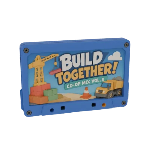 3D модель синей кассеты 'Build Together! Co-Op Mix Vol. 8' со сценой строительства: кран, грузовик, блоки.