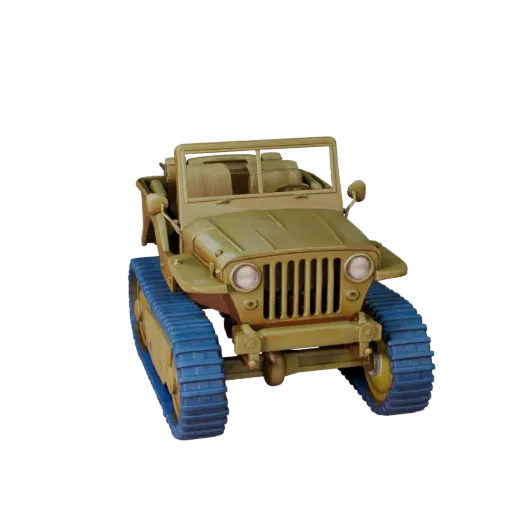 Мультяшный военный джип времен Второй мировой войны, 3D-модель, вид в три четверти в студии, стилизованный актив транспортног
