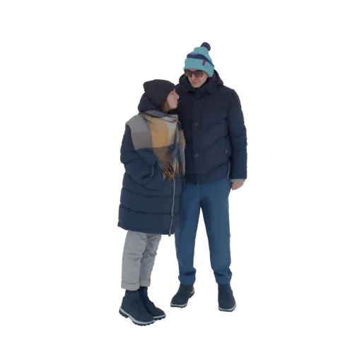 3D модель пары, стоящей близко друг к другу, оба в зимних пальто и шапках, женщина в шарфе.