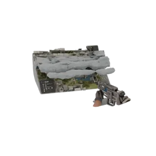 3D-модель игровой карты для шутера от первого лица с оружием и облаками, демонстрирующая разрушенный городской пейзаж.