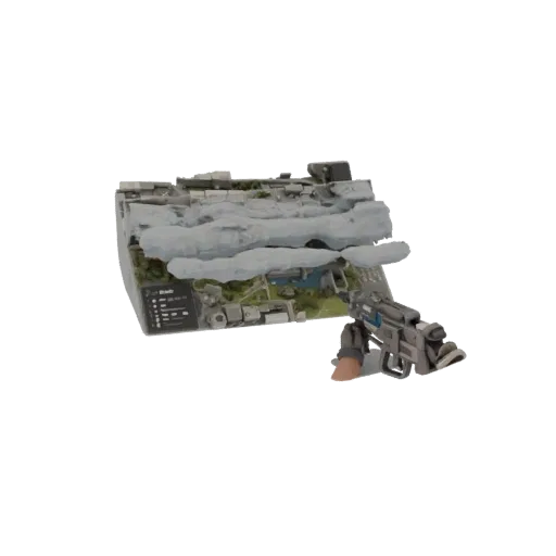 3D-модель игровой карты для шутера от первого лица с оружием и облаками, демонстрирующая разрушенный городской пейзаж.