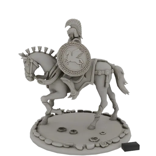 3D модель древнегреческого воина в шлеме и доспехах, верхом на коне со щитом с эмблемой Пегаса, на основании с текстурой камн