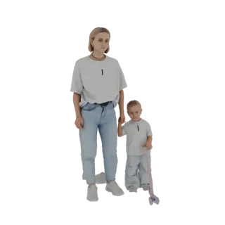 3D-модель матери, держащей за руку ребенка, катающегося на самокате.