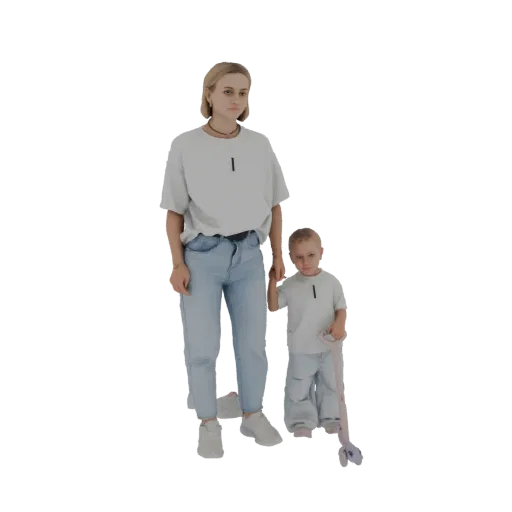 3D-модель матери, держащей за руку ребенка, катающегося на самокате.