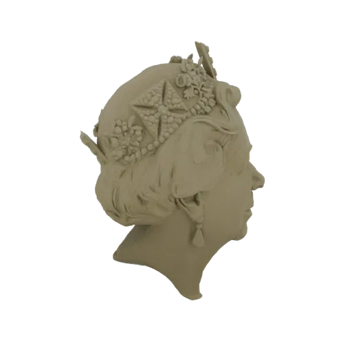 3D модель бюста Королевы Елизаветы II в профиль, в детальной короне и серьге, в нейтральном бежевом цвете.