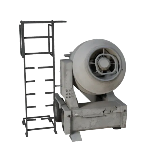 Стилизованная 3D-модель бетоносмесителя для тяжелых условий, стилизованный изометрический рендер, показывающий бетон, готовые
