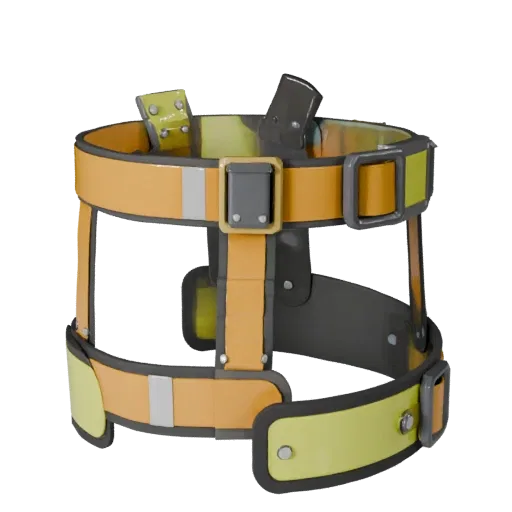 Низкополигональная 3D-модель защитной сбруи для склада, вид в игровом окне в три четверти, показывающий пластиковые корпуса,
