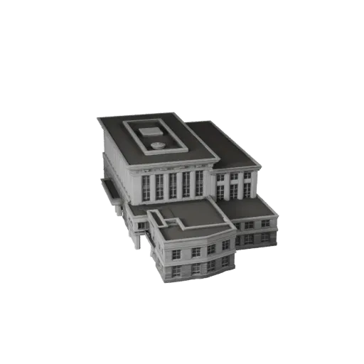 Печатная 3D модель пожарной станции STL, изометрический вид, показывающий общедоступные строительные материалы и архитектурны