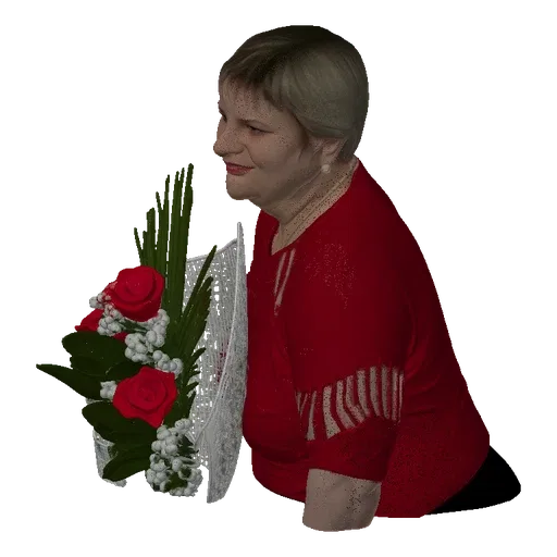 3D модель улыбающейся женщины с короткими светлыми волосами в красном топе с букетом красных роз и белых цветов.