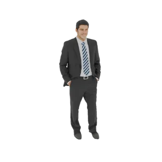 3D модель улыбающегося бизнесмена в темном костюме и полосатом галстуке, стоящего с руками в карманах.