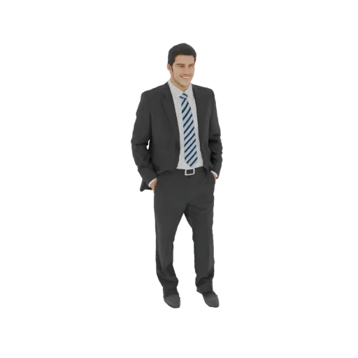 3D модель улыбающегося бизнесмена в темном костюме и полосатом галстуке, стоящего с руками в карманах.