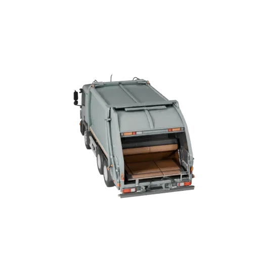 3D-модель мусоровоза, вид в три четверти в студии, готовый к анимации объект транспортного средства с рабочей массой, обслужи