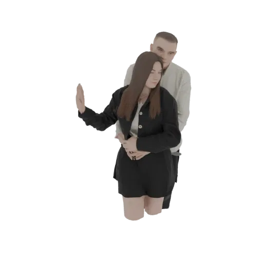 3D модель мужчины, обнимающего женщину сзади, с поднятой левой рукой женщины в оборонительной позе.