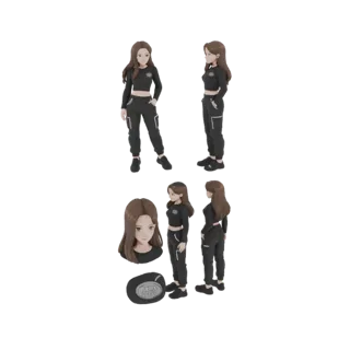 3D модель аниме-девушки в черном спортивном костюме, показанная с разных ракурсов, включая вид спереди, сбоку и портрет голов