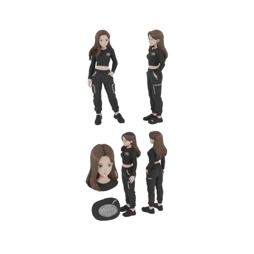 3D модель аниме-девушки в черном спортивном костюме, показанная с разных ракурсов, включая вид спереди, сбоку и портрет голов