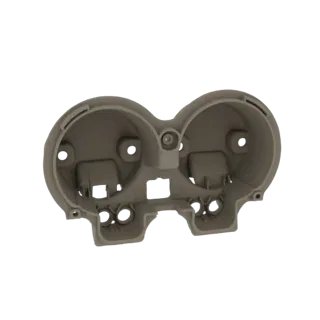 3D модель корпуса двойного датчика с двумя круглыми отверстиями для датчиков и элементами крепления.