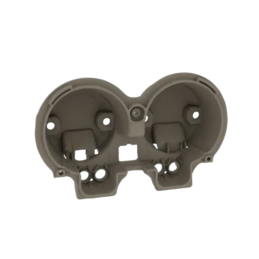 3D модель корпуса двойного датчика с двумя круглыми отверстиями для датчиков и элементами крепления.