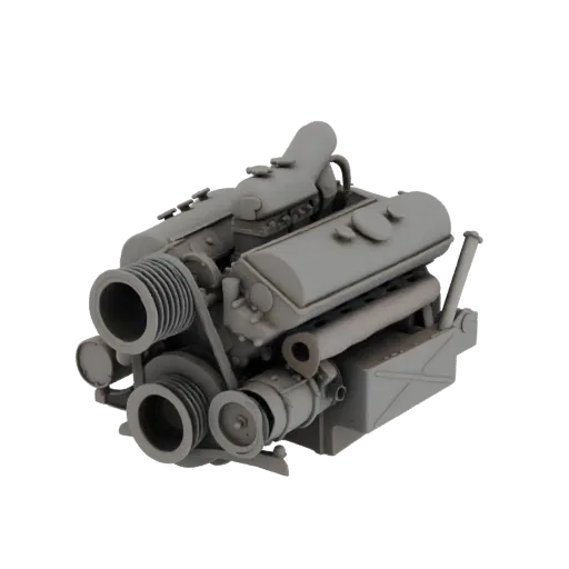 3D-модель серого блока двигателя V8 с видимыми шкивами и ременной системой на черном фоне.