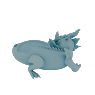 3D модель милого детеныша дракона, свернувшегося клубком, в виде горшка, с легкой синей матовой отделкой.