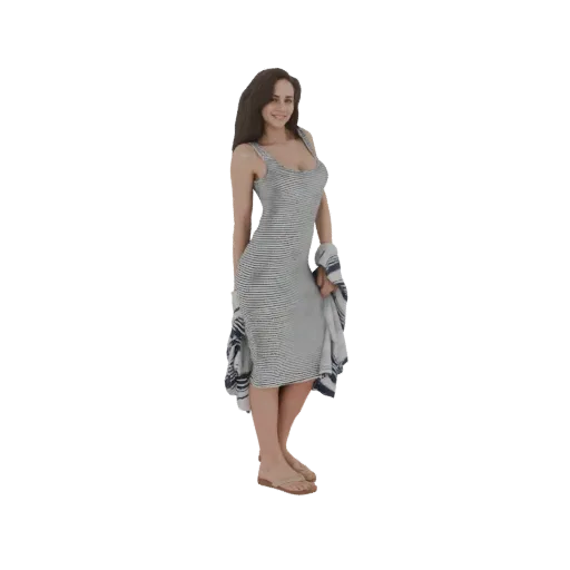 3D-модель улыбающейся женщины в сером и белом полосатом сарафане, держащей полосатую куртку.