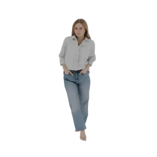3D модель молодой женщины со светлыми волосами, одетой в голубую рубашку на пуговицах и синие джинсы, стоящей с руками в карм