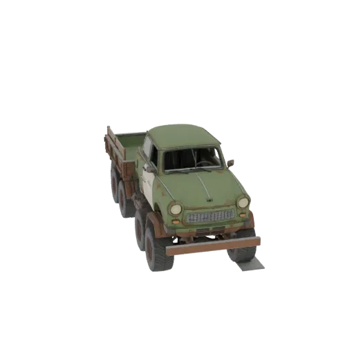 3D модель винтажного зеленого шестиколесного военного грузовика с состаренной отделкой, показанная с трехчетвертного переднег
