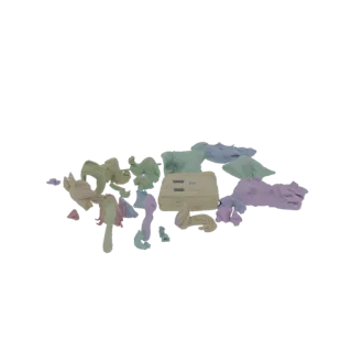 A 3D render of various colorful, scattered clay figures and objects, including stylized characters and a small box-like item.