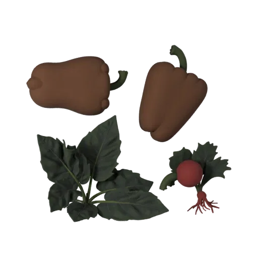 3D-модель болгарского перца, вид спереди в три четверти, вьюпорт Unity, показывающий прожилки листьев, четкие силуэты овощей.