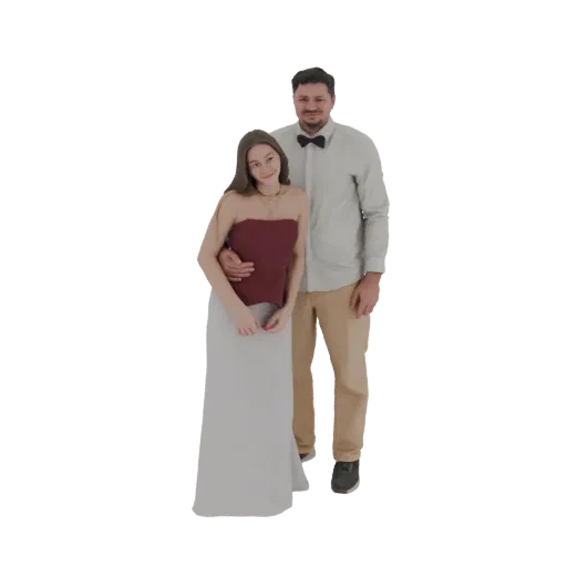 3D модель улыбающейся пары в вечерних нарядах, мужчина в рубашке и бабочке, женщина в платье без бретелек.