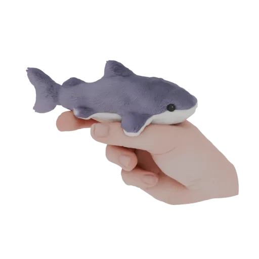 3D рендер милой фиолетовой мягкой акулы-пальчиковой игрушки на пальце человека на белом фоне.